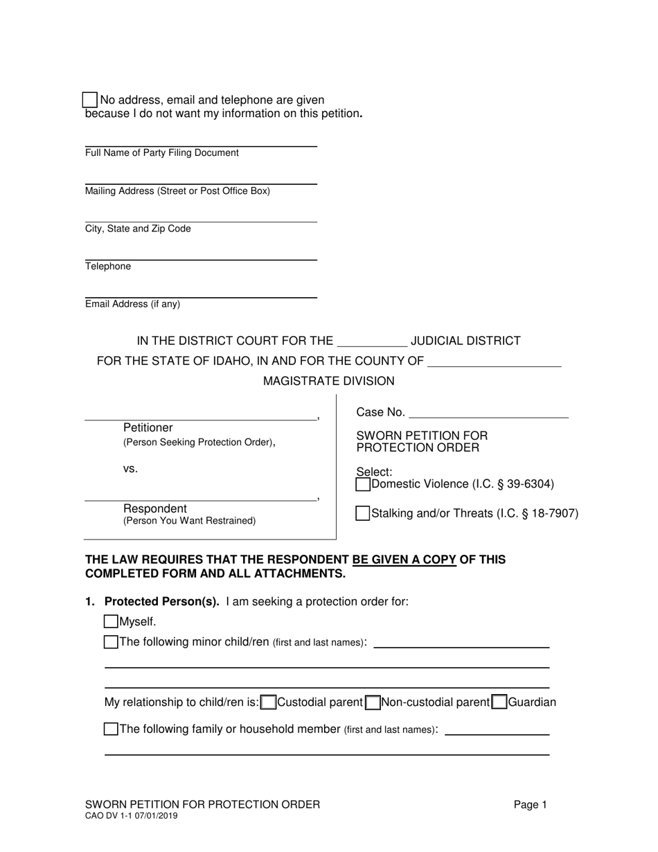 Form CAO DV1-1 Sworn Petition for Protection Order - Idaho, Page 1