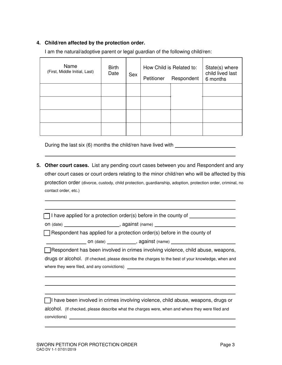 Form CAO DV1-1 Sworn Petition for Protection Order - Idaho, Page 3