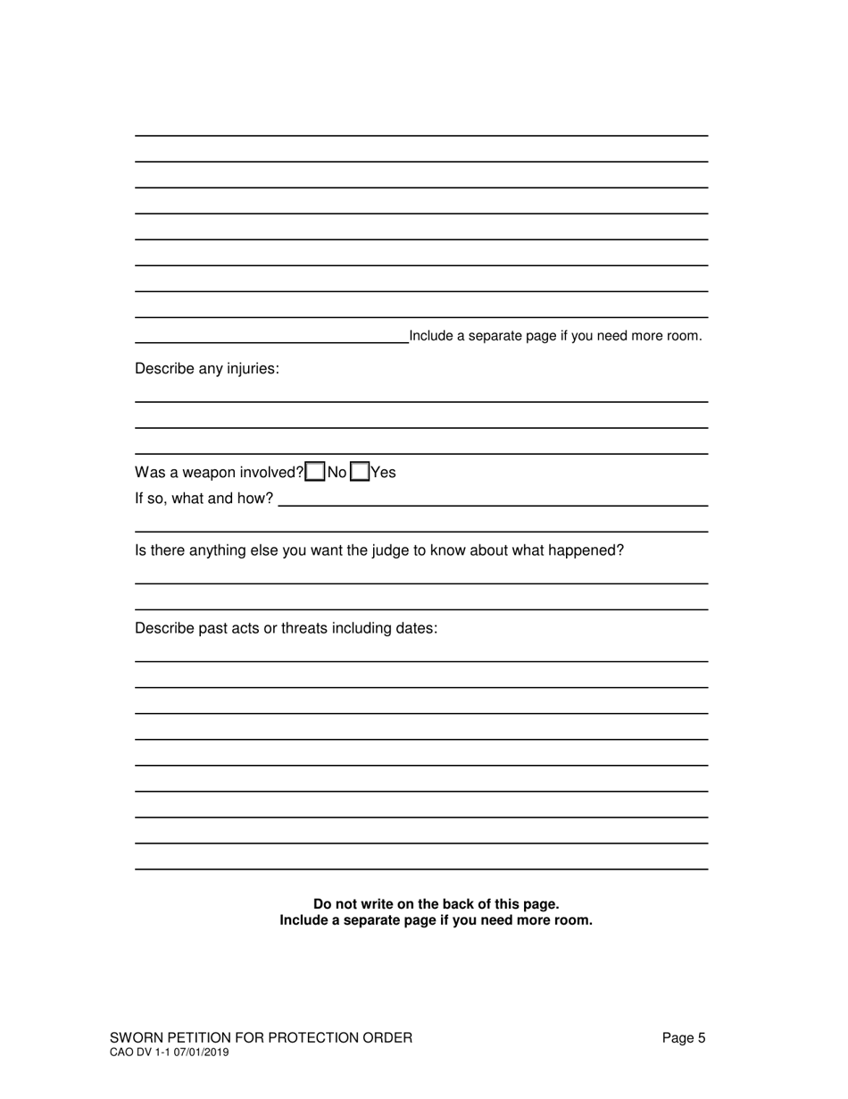 Form CAO DV1-1 Sworn Petition for Protection Order - Idaho, Page 5