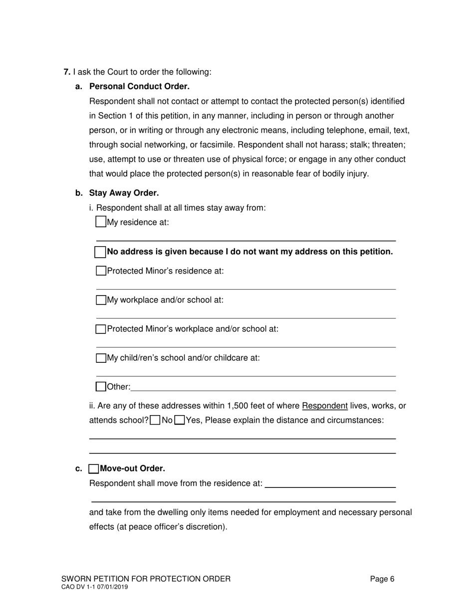 Form CAO DV1-1 Sworn Petition for Protection Order - Idaho, Page 6