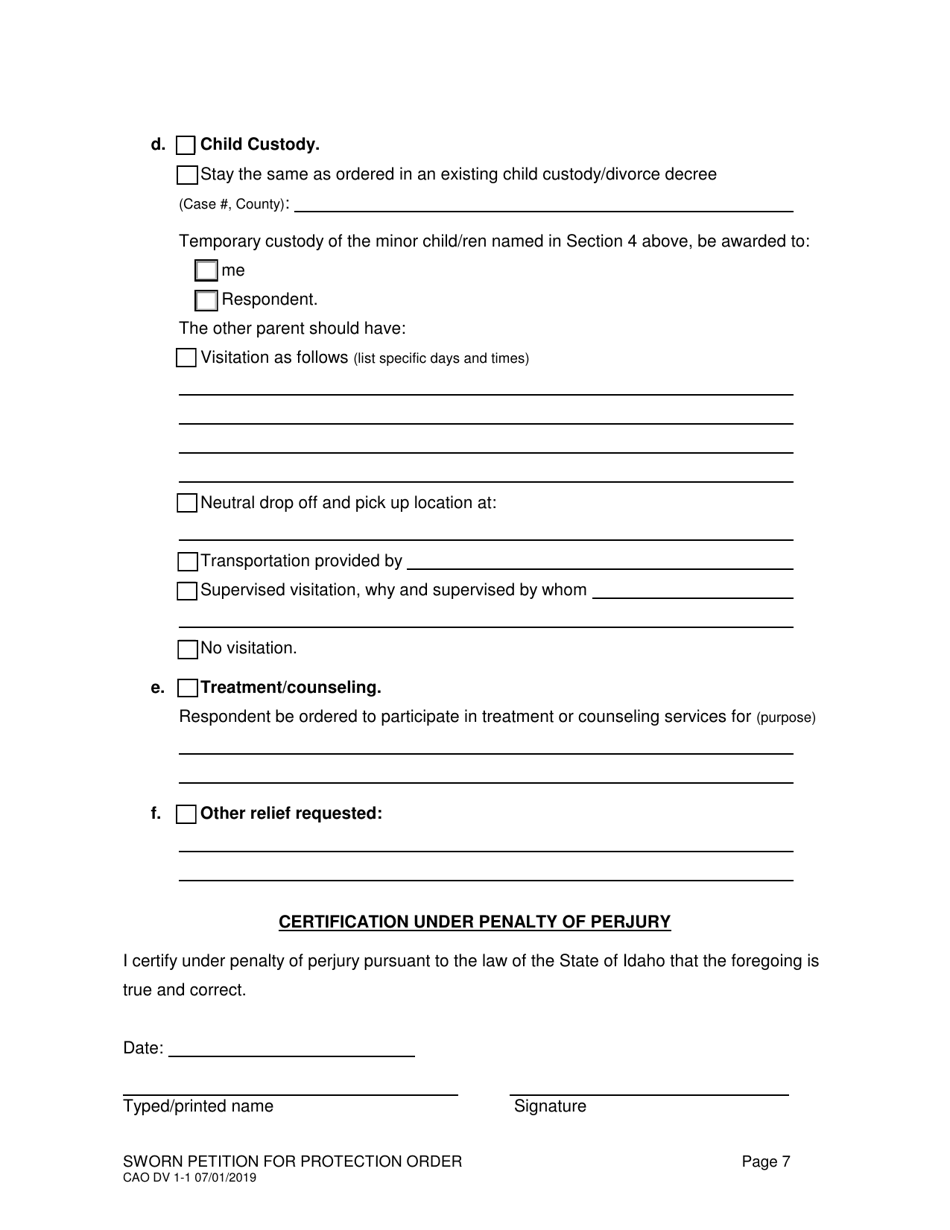 Form CAO DV1-1 - Fill Out, Sign Online and Download Fillable PDF, Idaho ...