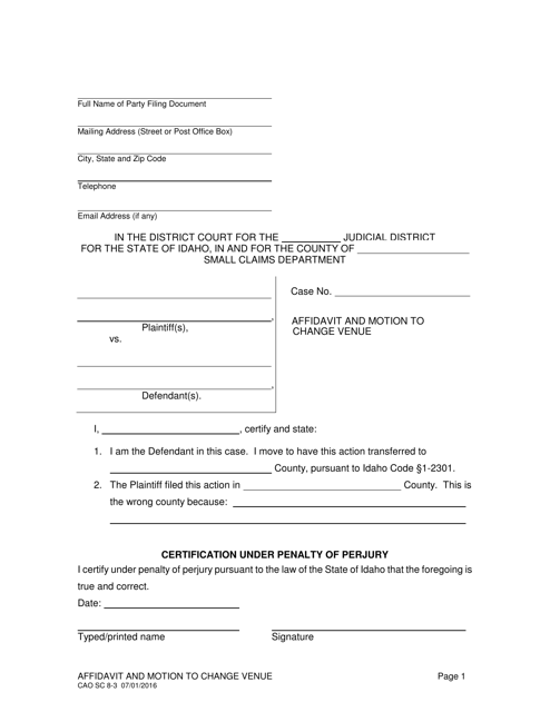Form CAO SC8-3 Affidavit and Motion to Change Venue - Idaho