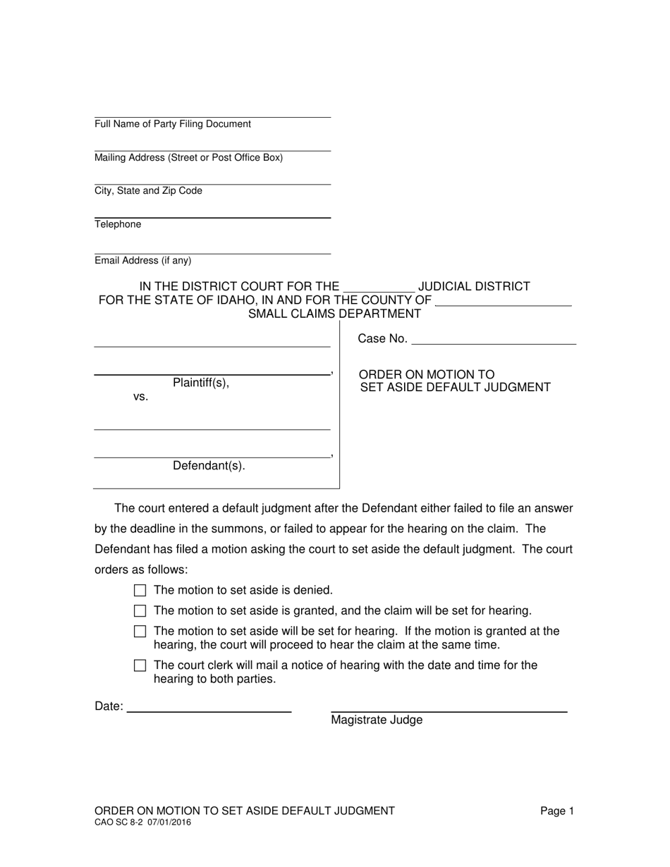 Form CAO SC8-2 Order on Motion to Set Aside Default Judgment - Idaho, Page 1
