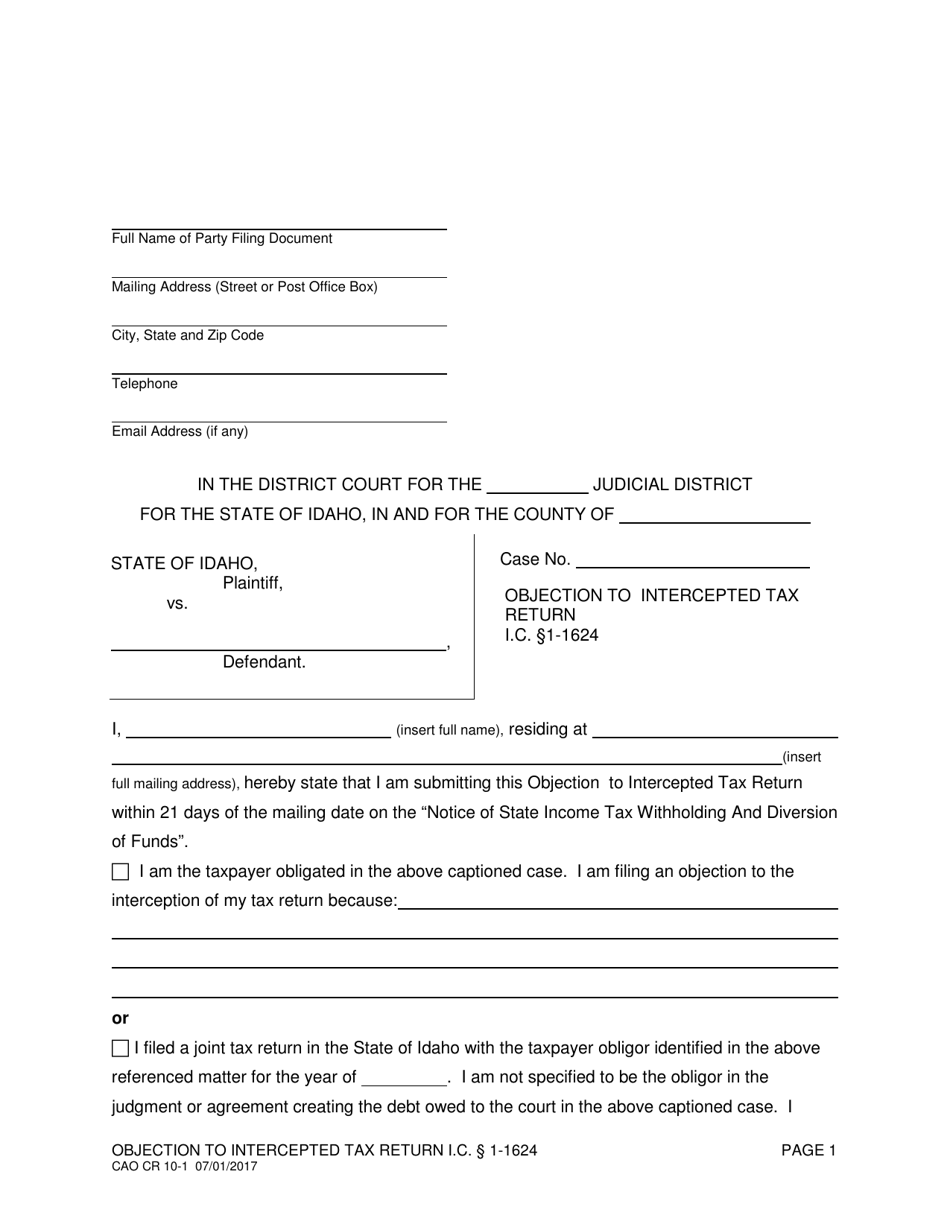 Form CAO CR10-1 Objection to Intercepted Tax Return - Idaho, Page 1