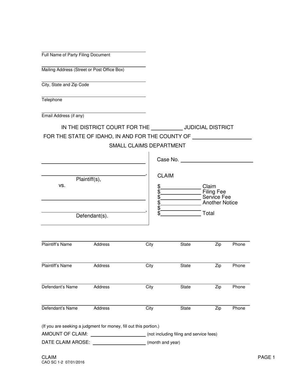 Form CAO SC1-2 Claim - Idaho, Page 1