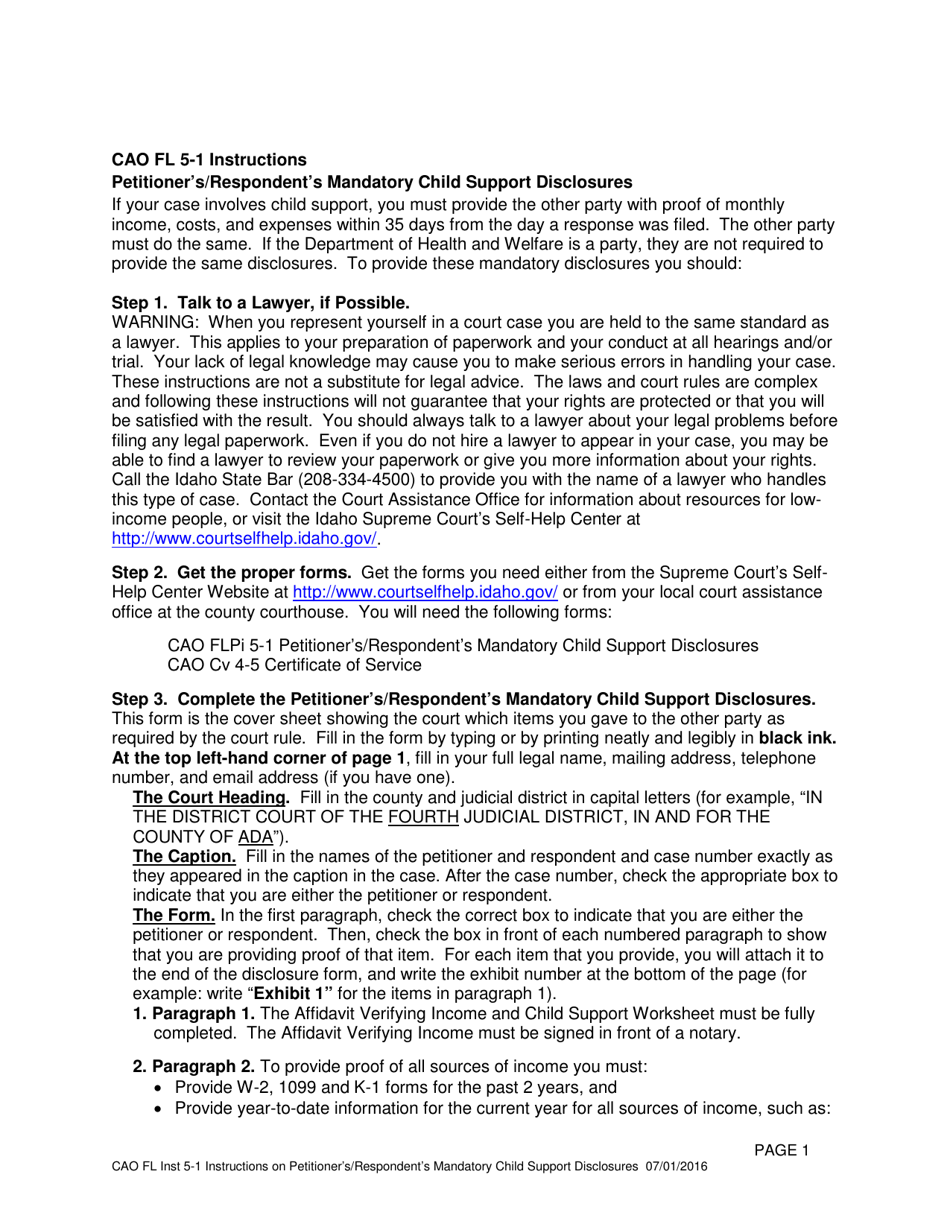 Instructions for Form CAO FL5-1 Petitioners / Respondents Mandatory Child Support Disclosures - Idaho, Page 1