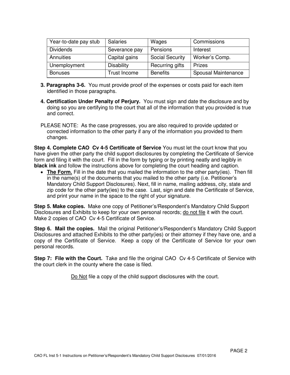 Instructions for Form CAO FL5-1 Petitioners / Respondents Mandatory Child Support Disclosures - Idaho, Page 2