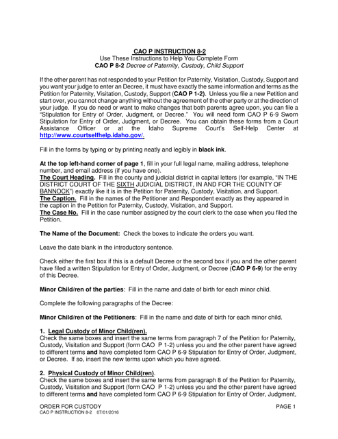 Instructions for Form CAO P8-2 Decree of Paternity, Custody, Child Support - Idaho