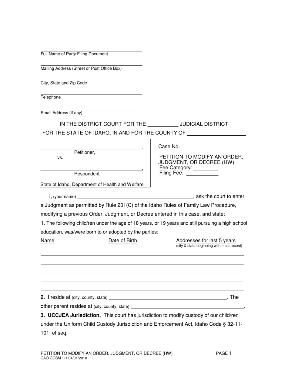 Form CAO GCSM1-1 Petition to Modify an Order, Judgment, or Decree (Hw) - Idaho, Page 1