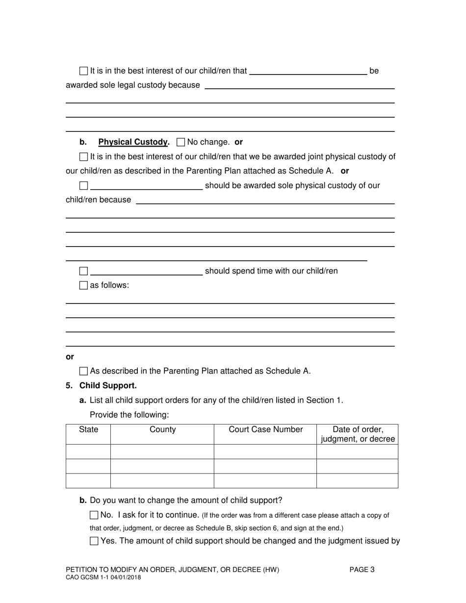 Form CAO GCSM1-1 Petition to Modify an Order, Judgment, or Decree (Hw) - Idaho, Page 3