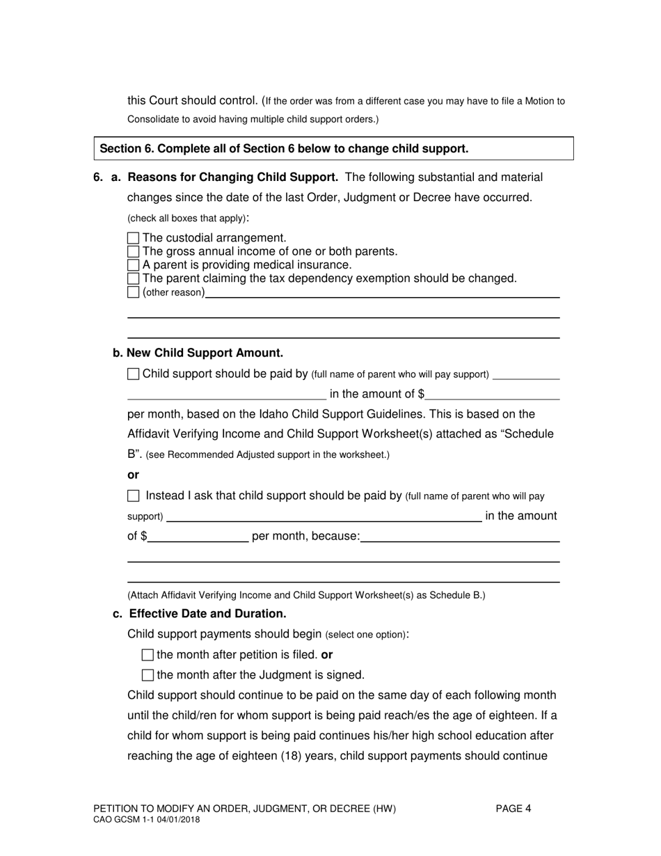 Form CAO GCSM1-1 Petition to Modify an Order, Judgment, or Decree (Hw) - Idaho, Page 4