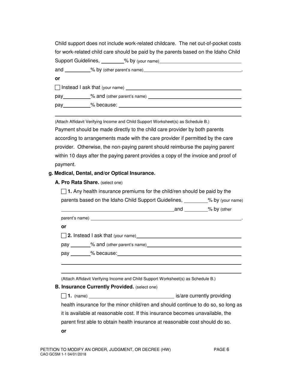 Form CAO GCSM1-1 Petition to Modify an Order, Judgment, or Decree (Hw) - Idaho, Page 6