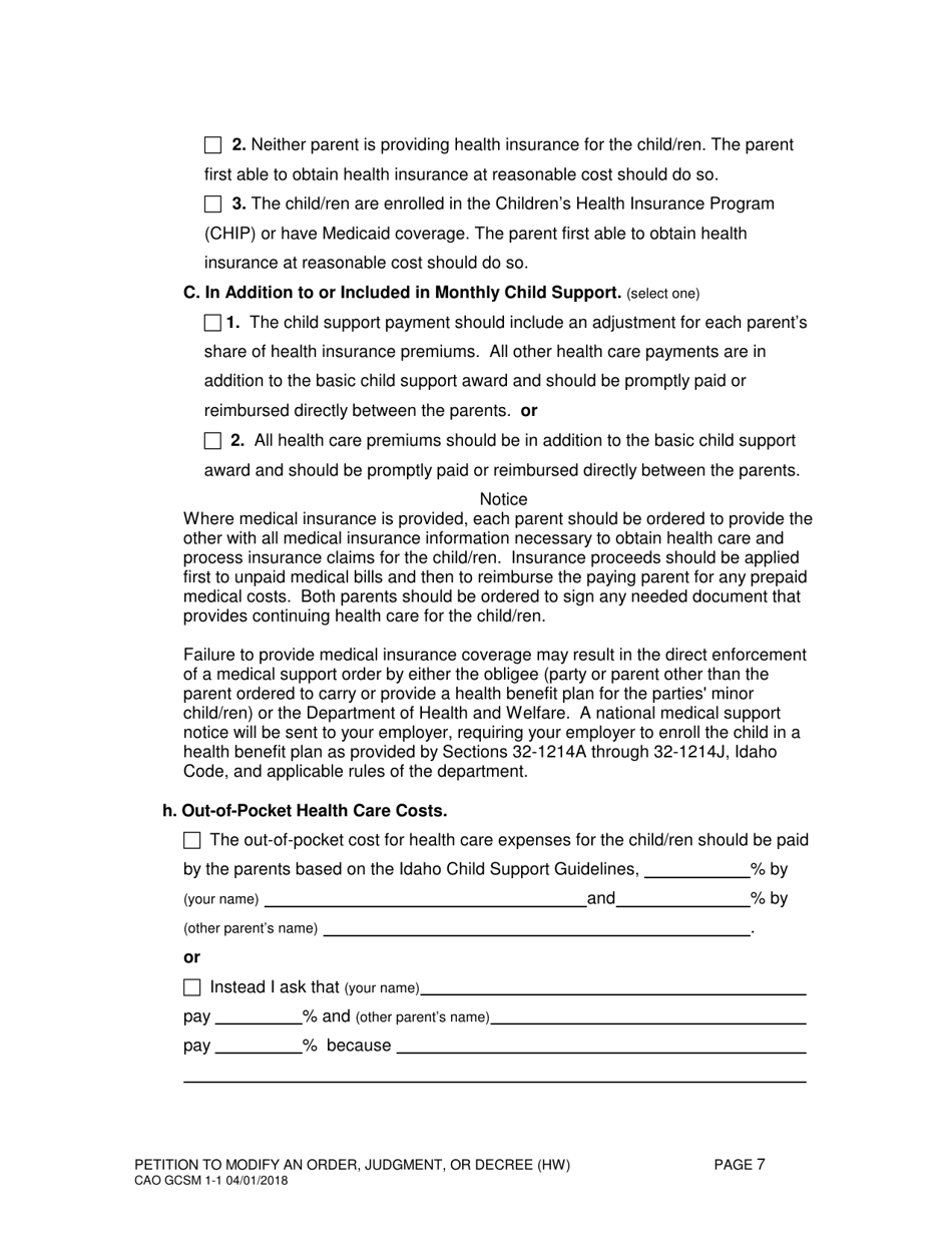 Form CAO GCSM1-1 Petition to Modify an Order, Judgment, or Decree (Hw) - Idaho, Page 7