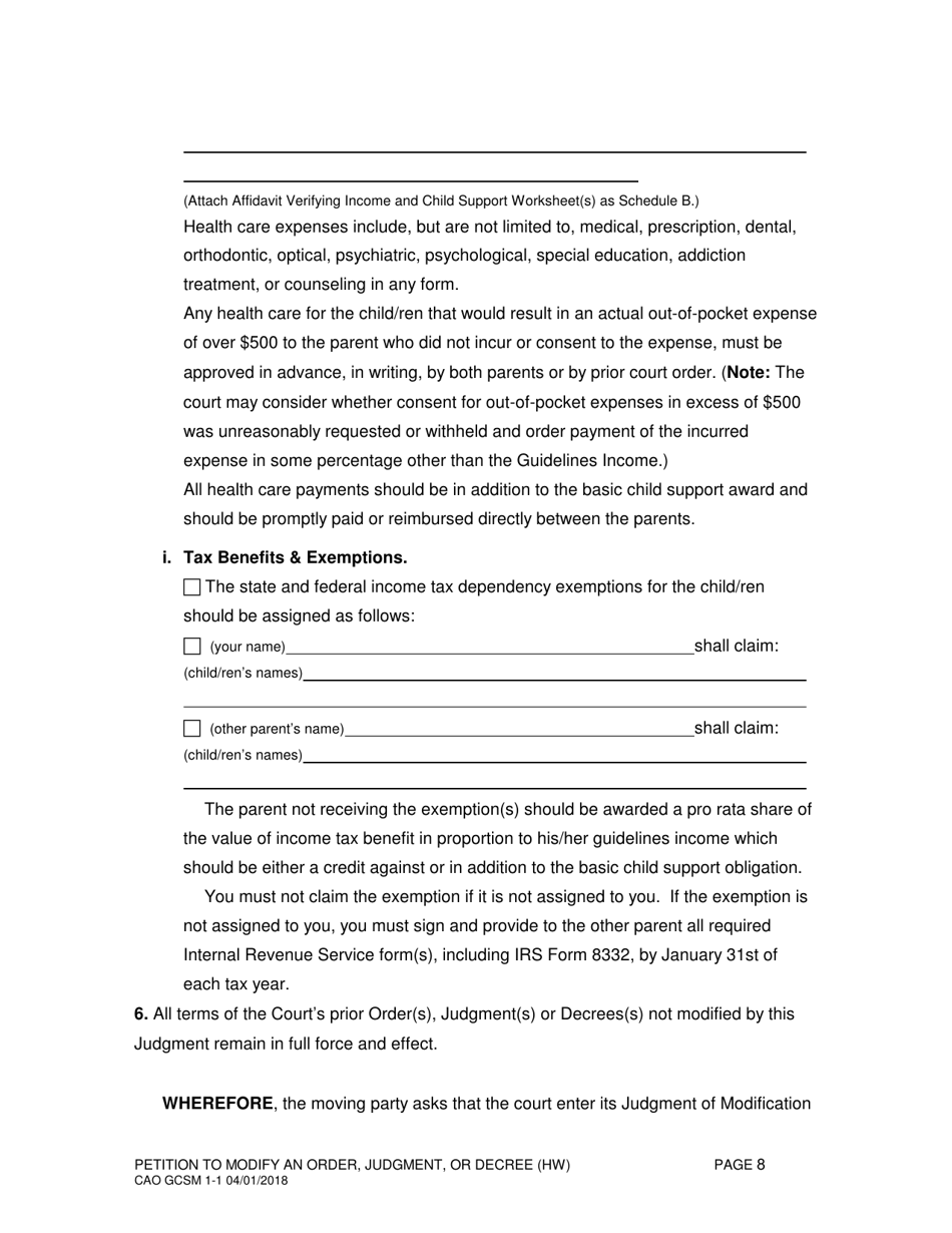 Form CAO GCSM1-1 Petition to Modify an Order, Judgment, or Decree (Hw) - Idaho, Page 8