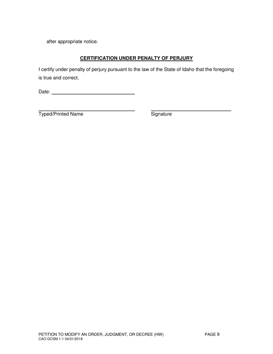 Form CAO GCSM1-1 Petition to Modify an Order, Judgment, or Decree (Hw) - Idaho, Page 9