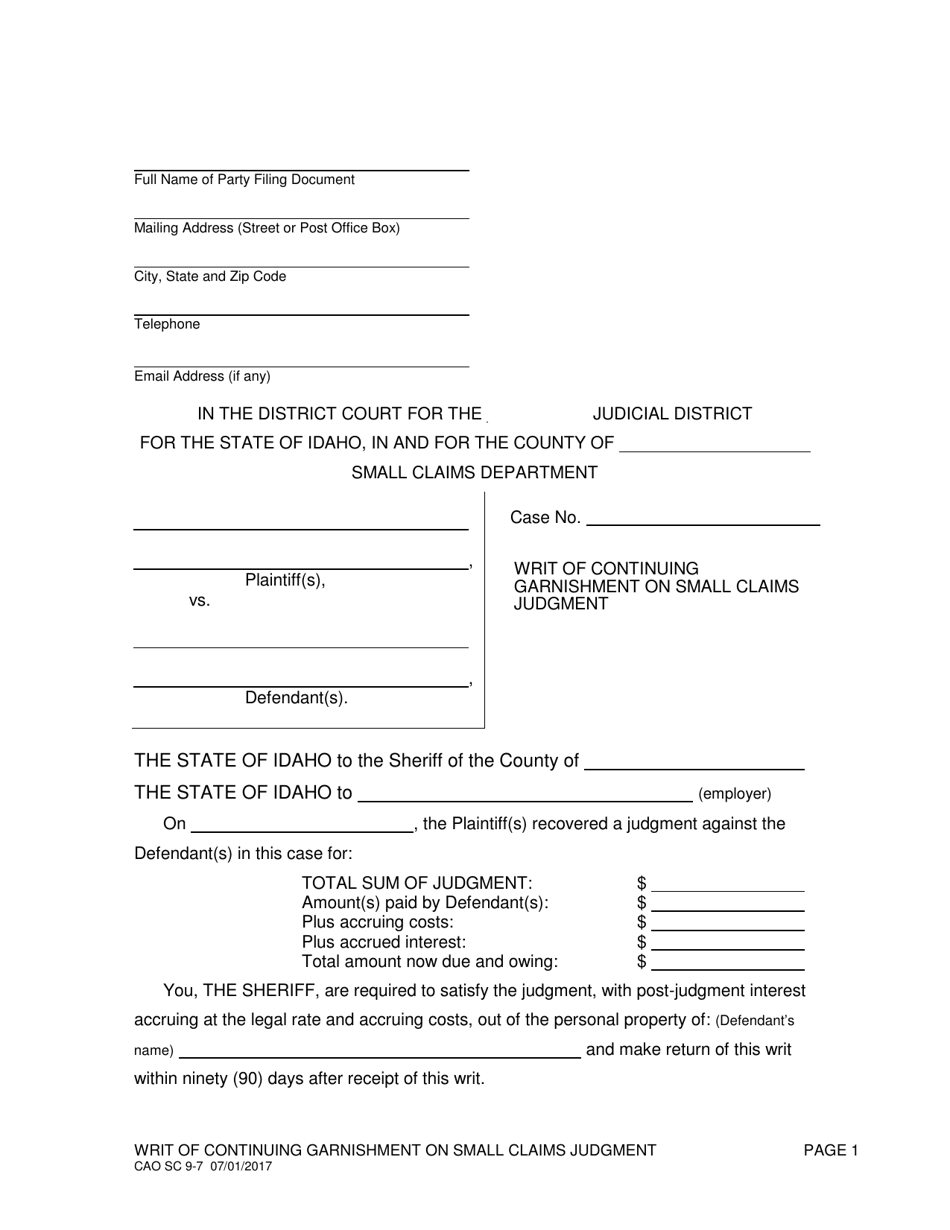 Form CAO SC9-7 Writ of Continuing Garnishment on Small Claims Judgment - Idaho, Page 1