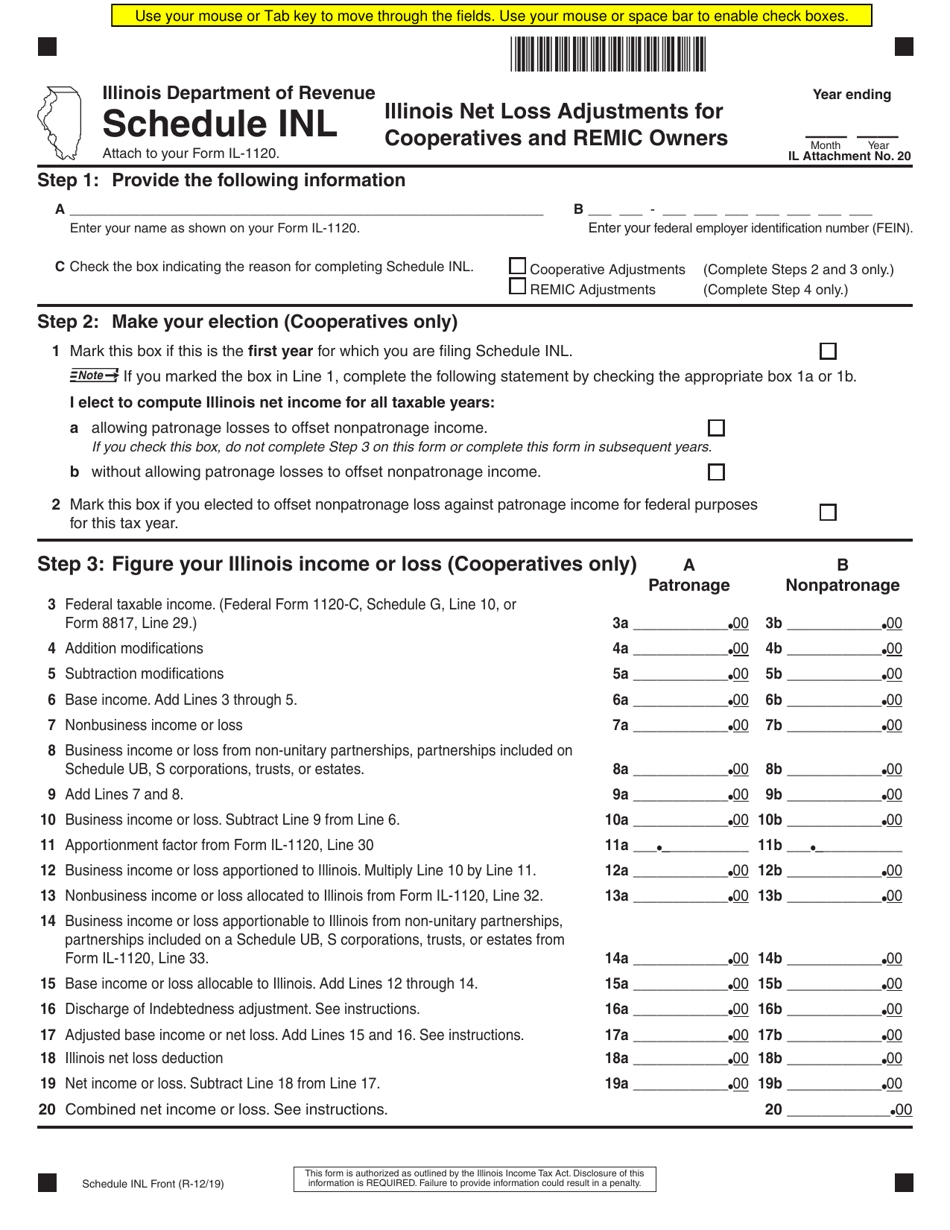 Schedule INL Illinois Net Loss Adjustments for Cooperatives and REMIC Owners - Illinois, Page 1