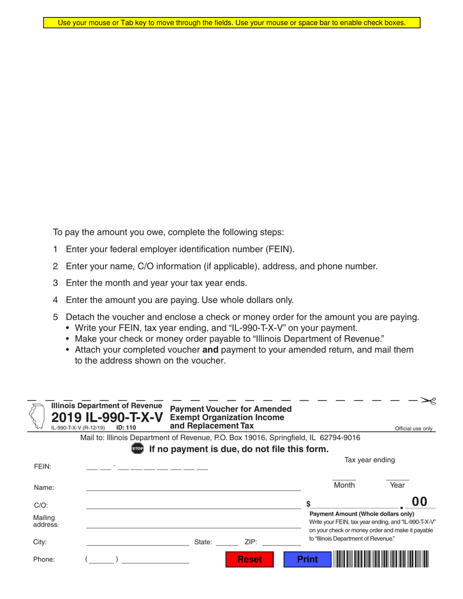 Form IL-990-T-X-V Payment Voucher for Amended Exempt Organization Income and Replacement Tax - Illinois, Page 1
