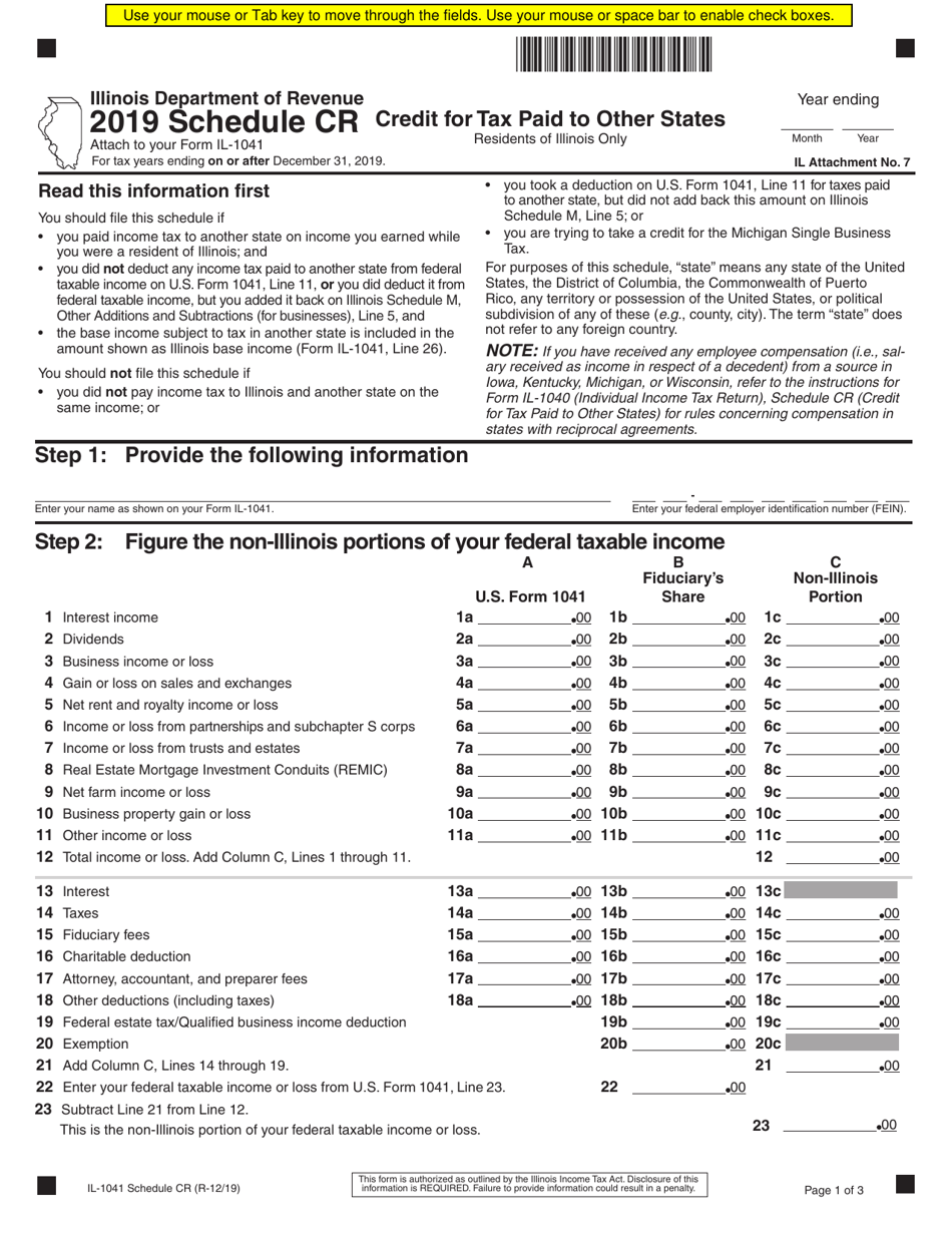 Form IL-1041 Schedule CR Download Fillable PDF or Fill Online Credit