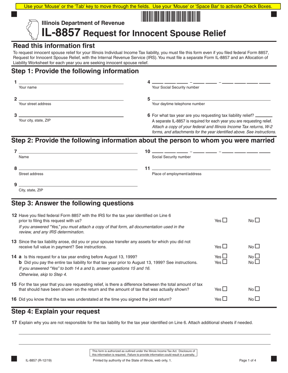 Form IL-8857 Request for Innocent Spouse Relief - Illinois, Page 1
