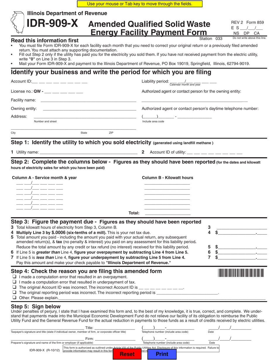 Form IDR-909-X (859) Amended Qualified Solid Waste Energy Facility Payment Form - Illinois, Page 1