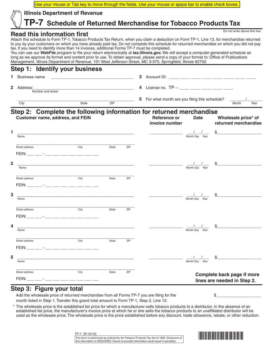 Schedule TP-7 Schedule of Returned Merchandise for Tobacco Products Tax - Illinois, Page 1