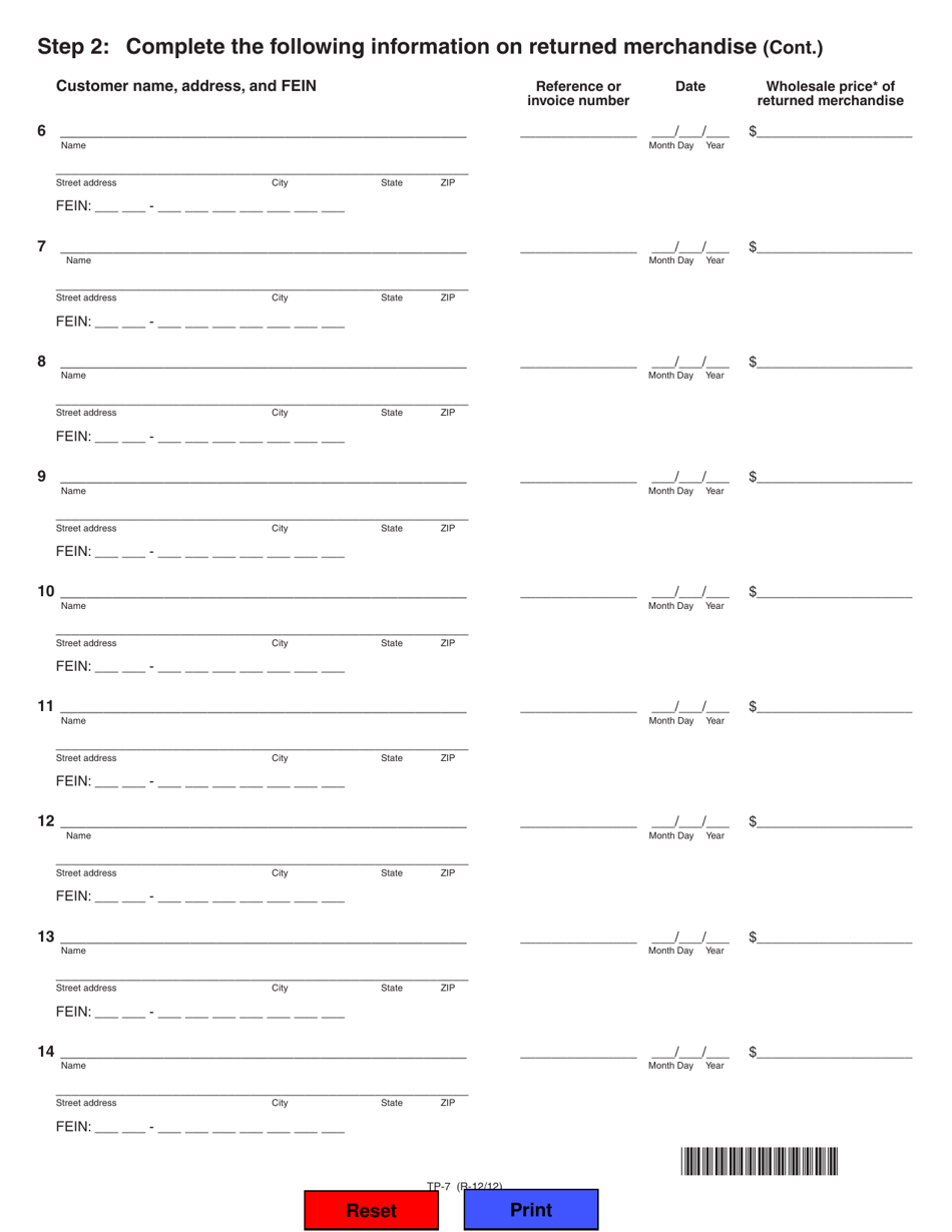 Schedule TP-7 Schedule of Returned Merchandise for Tobacco Products Tax - Illinois, Page 2