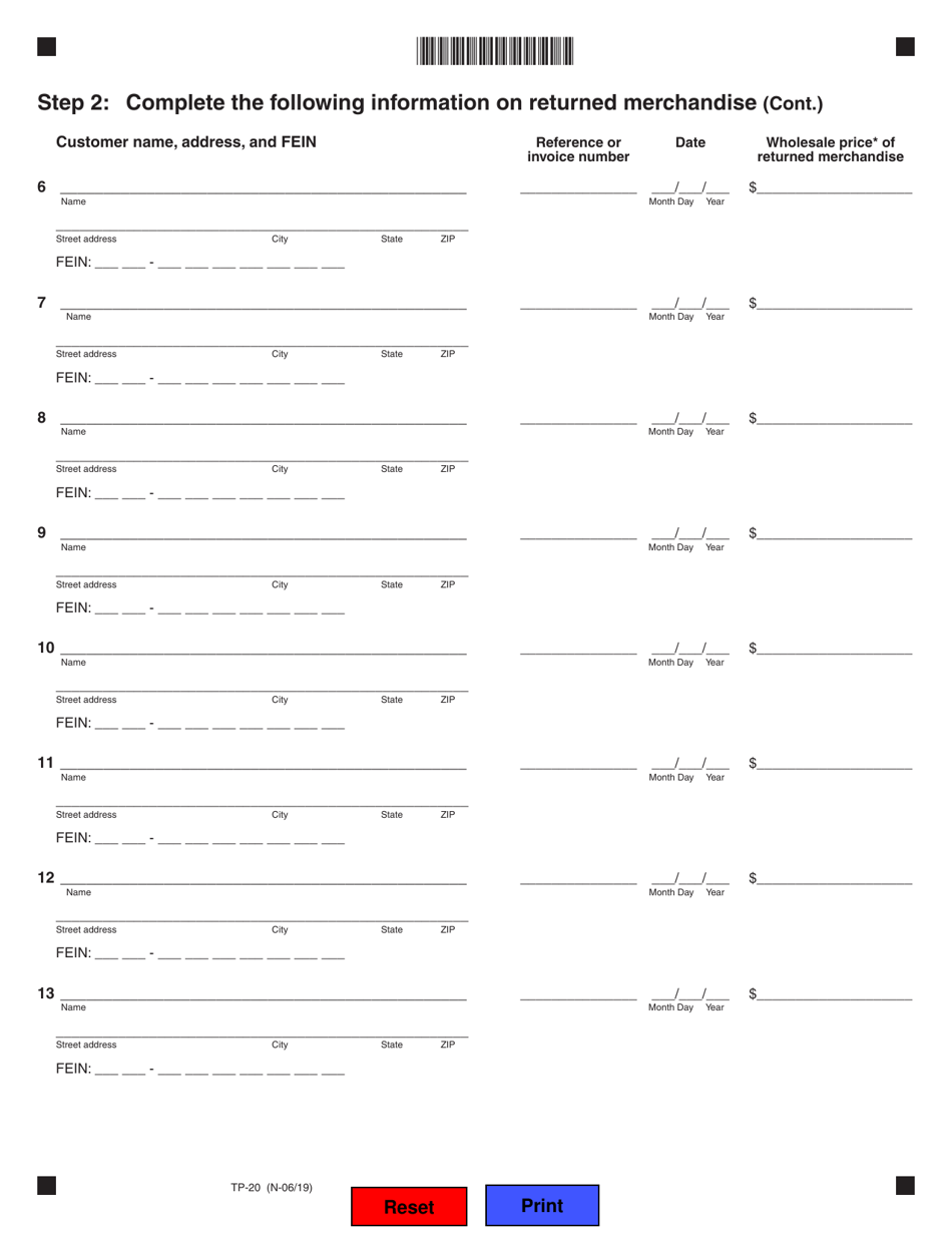 Schedule TP-20 Schedule of Returned E-Cigarette Merchandise for Tobacco Products Tax - Illinois, Page 2