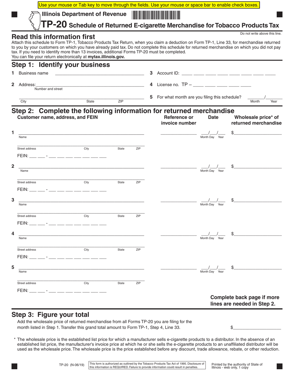 Illinois Schedule of Returned ECigarette Merchandise for Tobacco Products Tax Fill Out, Sign