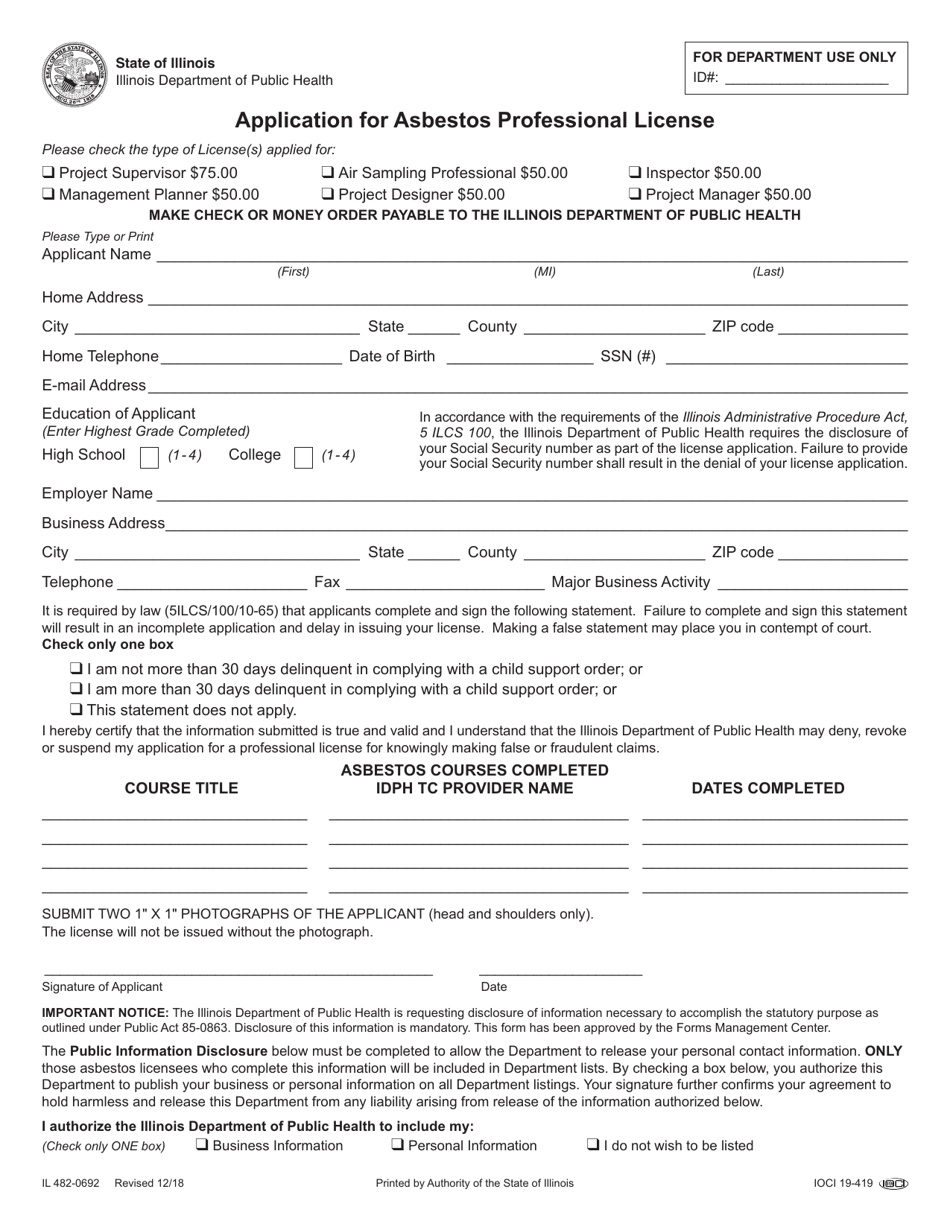 Form IL482-0692 Application for Asbestos Professional License - Illinois, Page 1