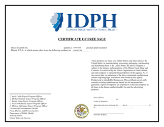 Document preview: Certificate of Free Sale - Illinois