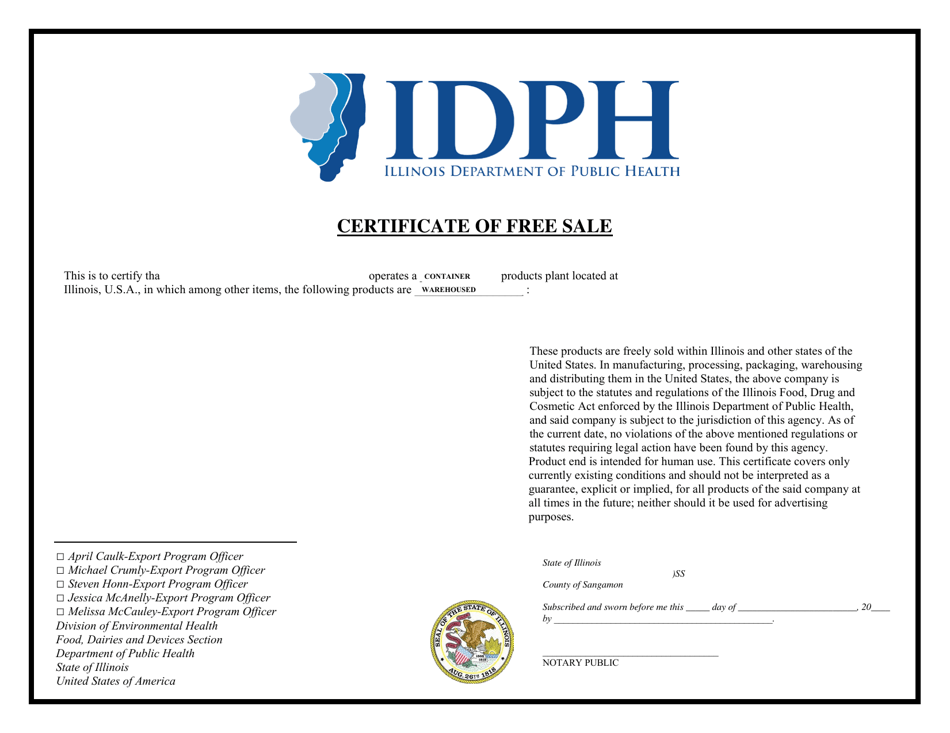 Certificate of Free Sale - Illinois, Page 1