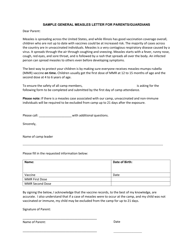 Document preview: Sample General Measles Letter to Parents/Guardians - Illinois