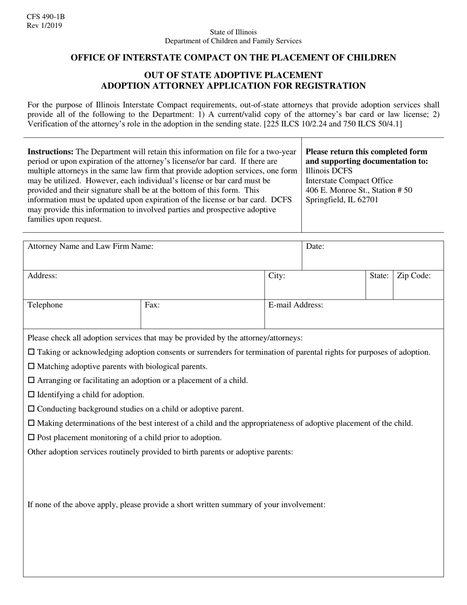 Form CFS490-1B Out of State Adoptive Placement Adoption Attorney Application for Registration - Illinois, Page 1