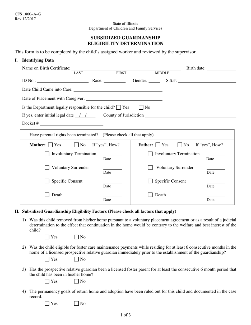 Form CFS1800-A-G Subsidized Guardianship Eligibility Determination - Illinois, Page 1