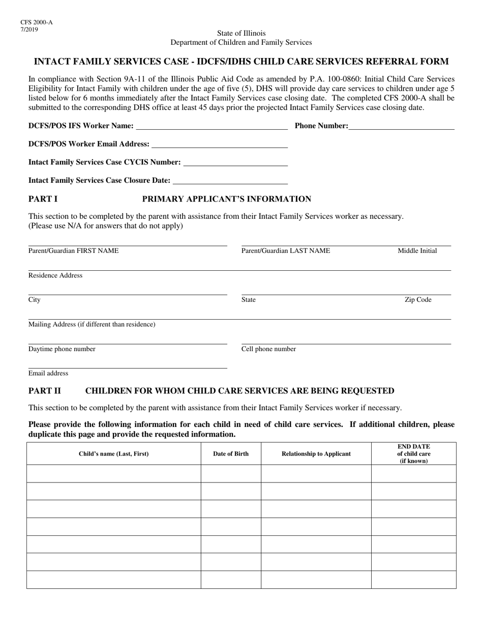 Form CFS2000-A Intact Family Services Case - Idcfs / Idhs Child Care Services Referral Form - Illinois, Page 1