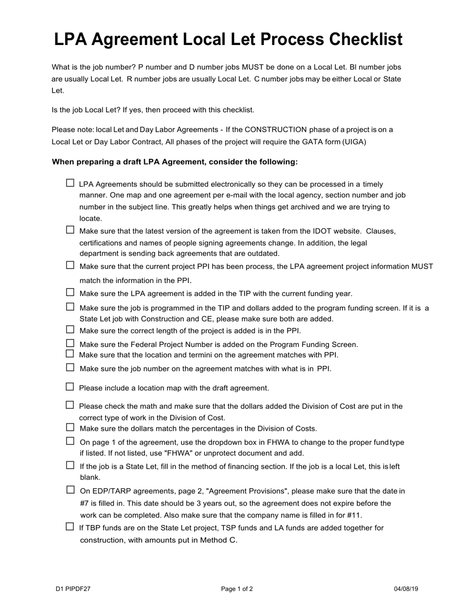 Form D1 PIPDF27 Lpa Agreement Local Let Process Checklist - Illinois, Page 1