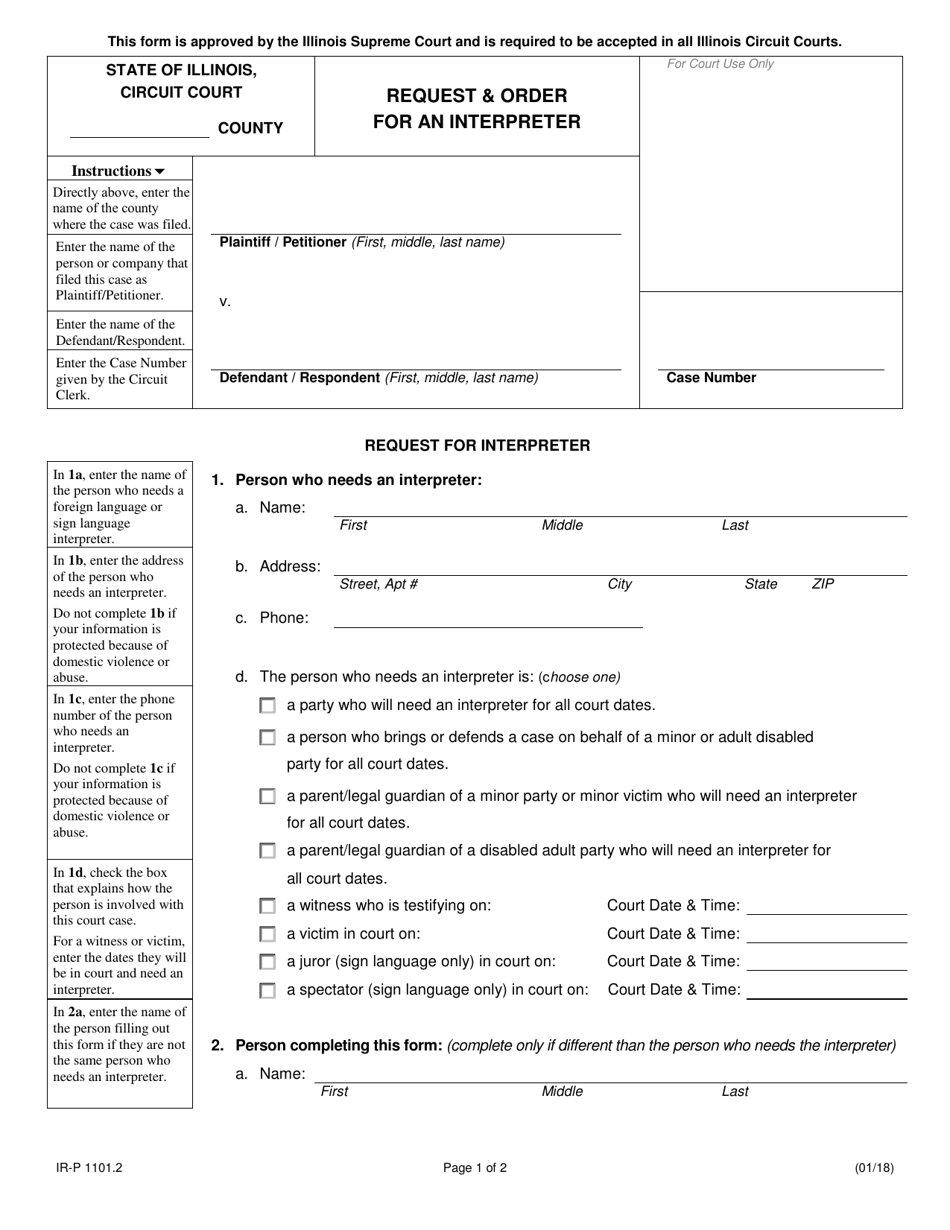 Form IR-P1101.2 Request  Order for an Interpreter - Illinois, Page 1