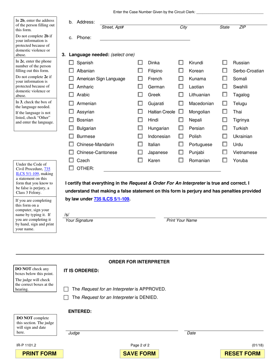 Form IR-P1101.2 Request  Order for an Interpreter - Illinois, Page 2
