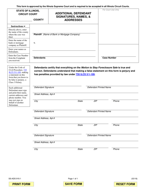Form SS-ADS919.1 Additional Defendant Signatures, Names, & Addresses - Illinois