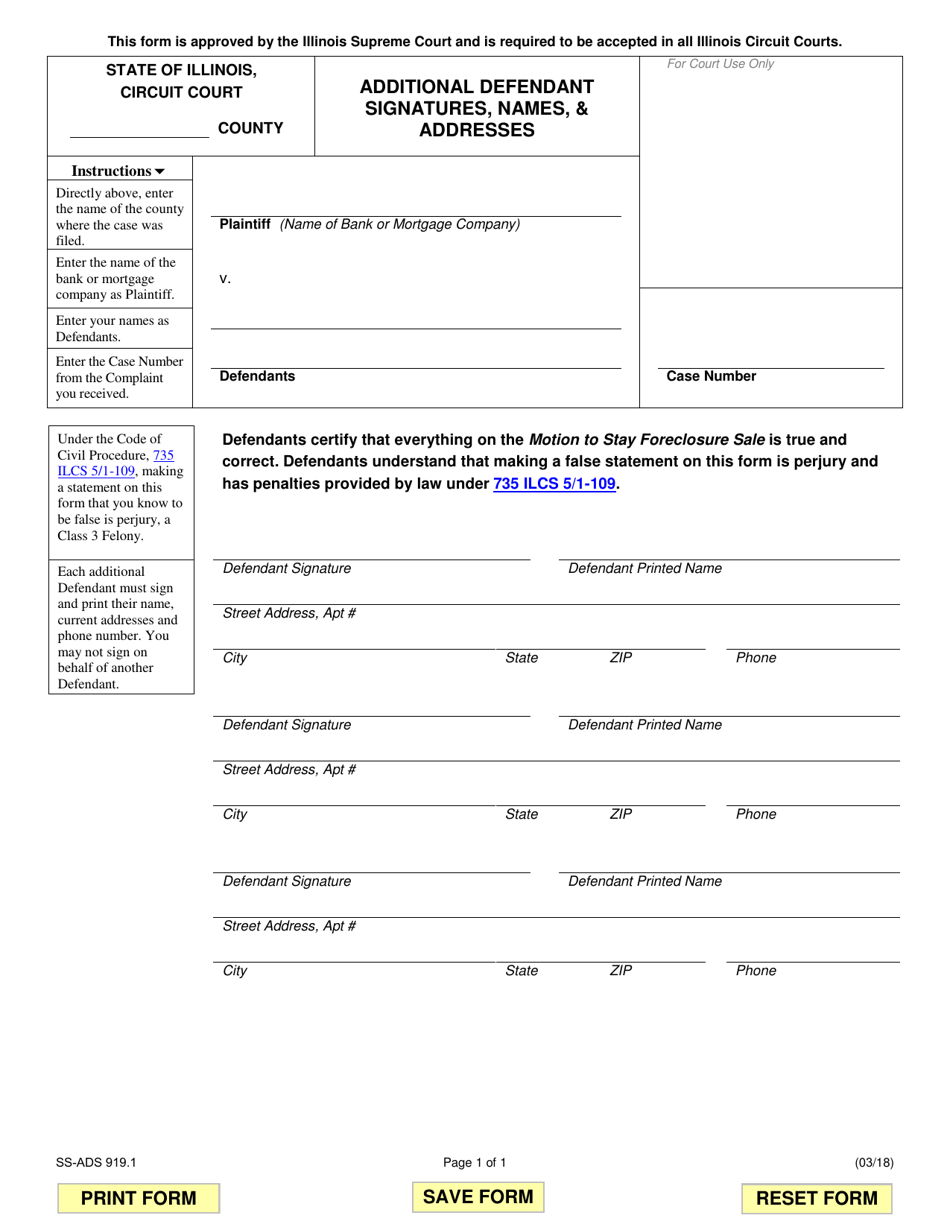 Form SS-ADS919.1 Additional Defendant Signatures, Names,  Addresses - Illinois, Page 1