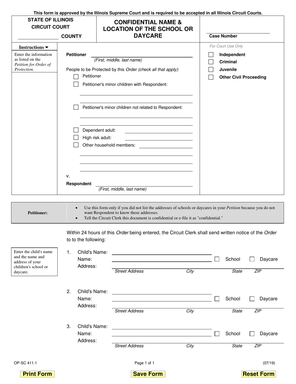 Form OP-SC411.1 Confidential Name  Location of the School or Daycare - Illinois, Page 1