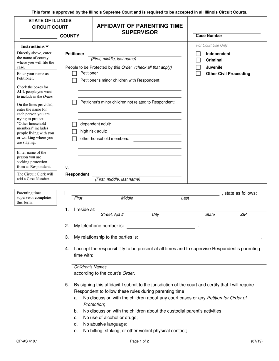 Form OP-AS410.1 Affidavit of Parenting Time Supervisor - Illinois, Page 1