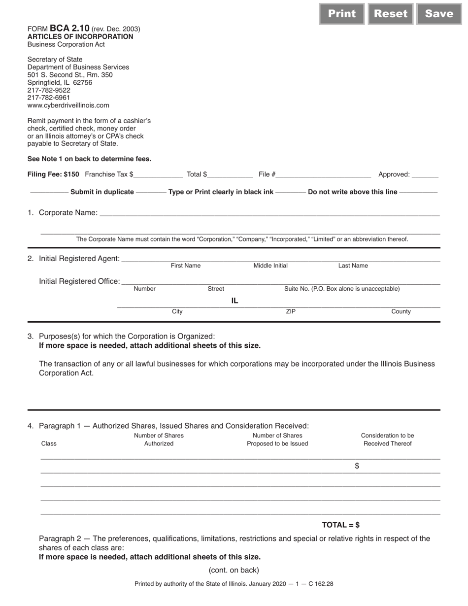 Form BCA2.10 Articles of Incorporation - Illinois, Page 1