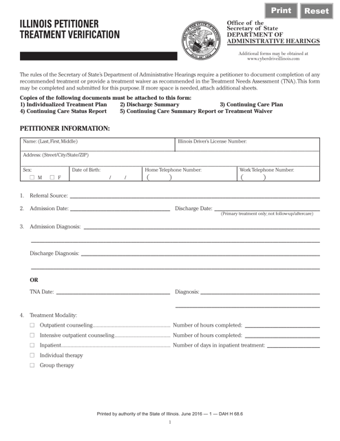 Form DAH H68 Illinois Petitioner Treatment Verification - Illinois