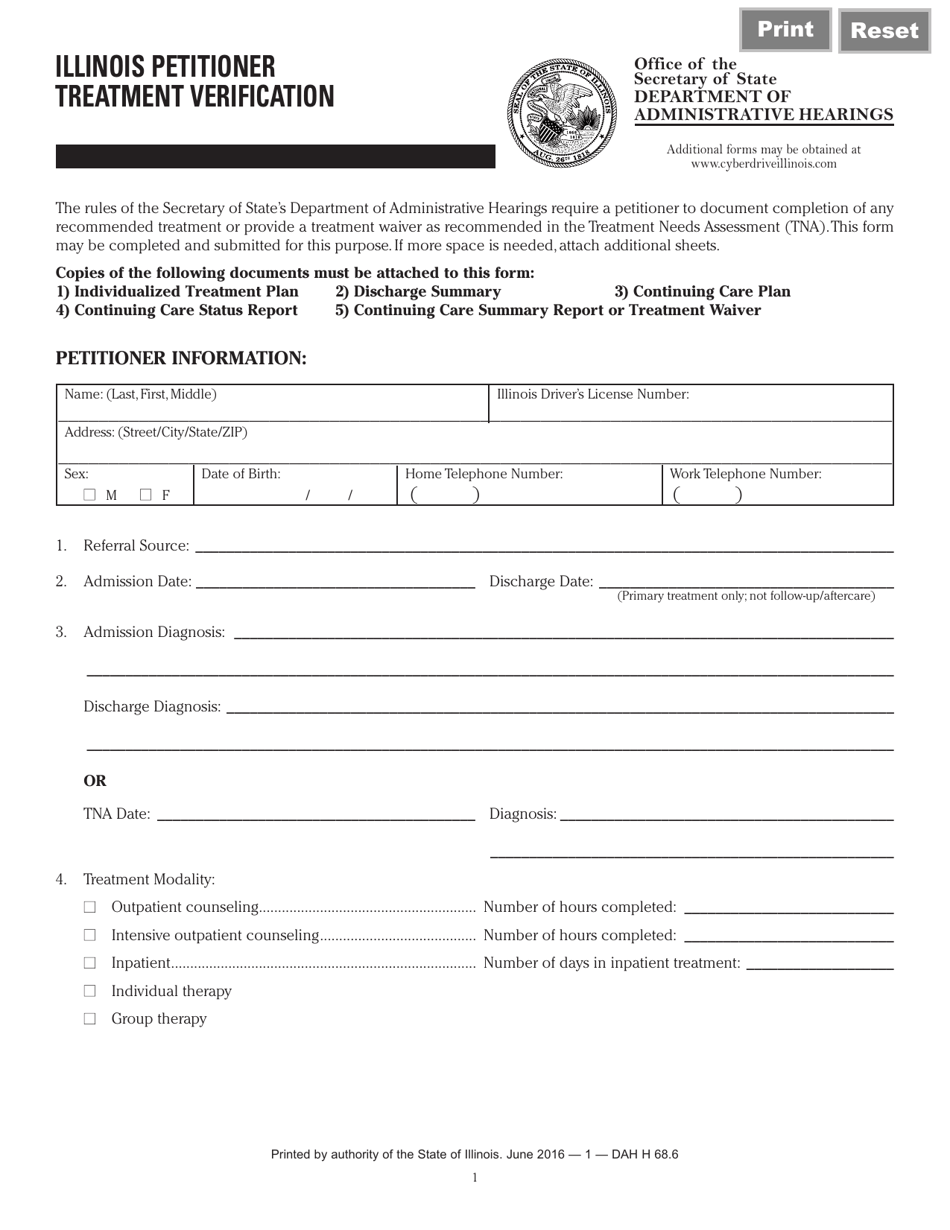Form DAH H68 Illinois Petitioner Treatment Verification - Illinois, Page 1