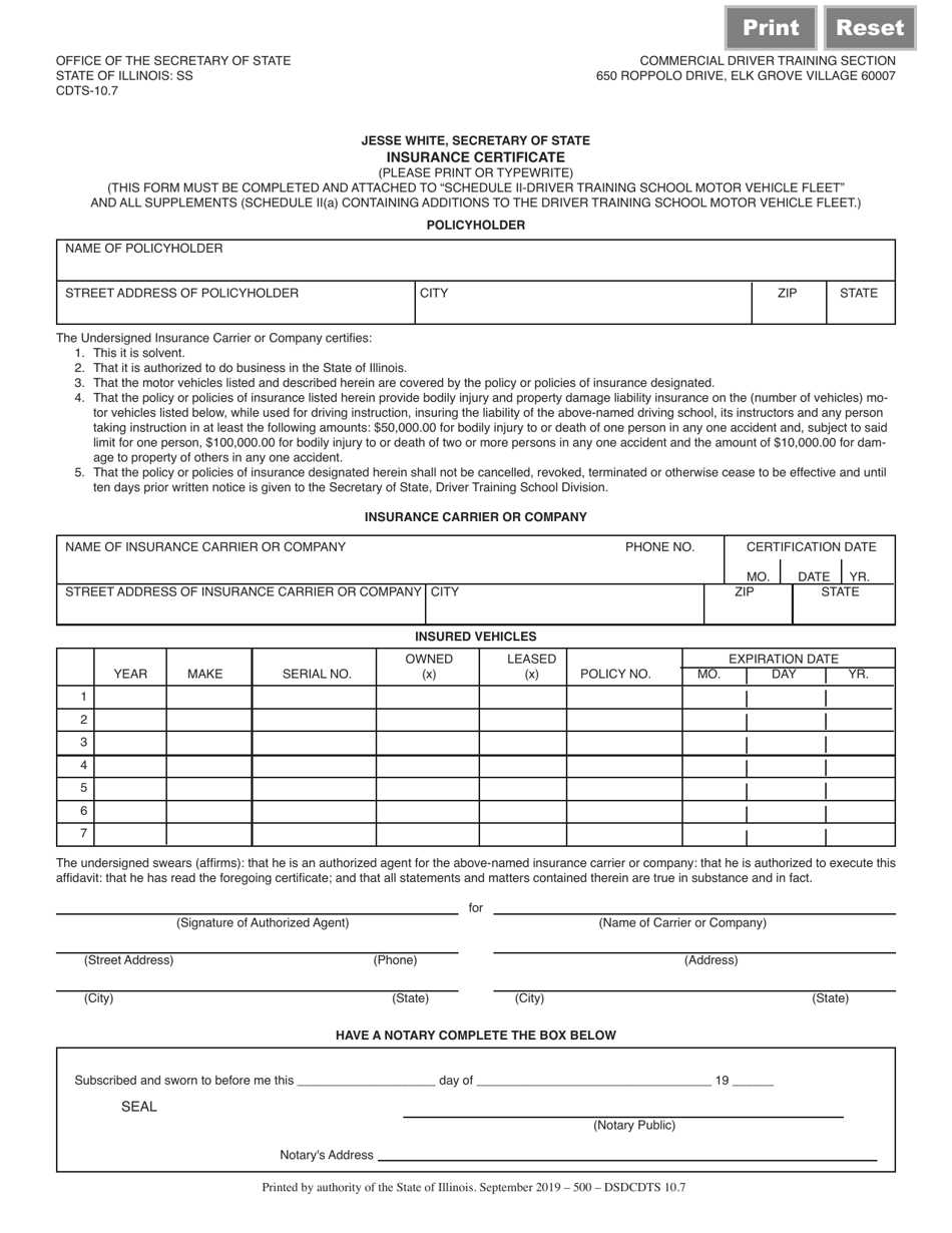 Form DSD CDTS10 Insurance Certificate - Illinois, Page 1