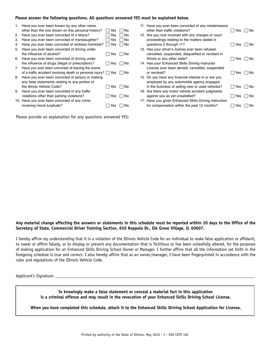 Form DSD CDTS102 Schedule 1 Personal History of Enhanced Skills Driving School Owner or Manager - Illinois, Page 2