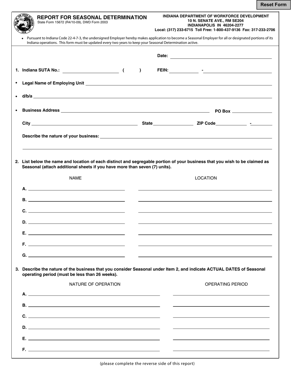 State Form 15672 (DWD Form 2003) Report for Seasonal Determination - Indiana, Page 1