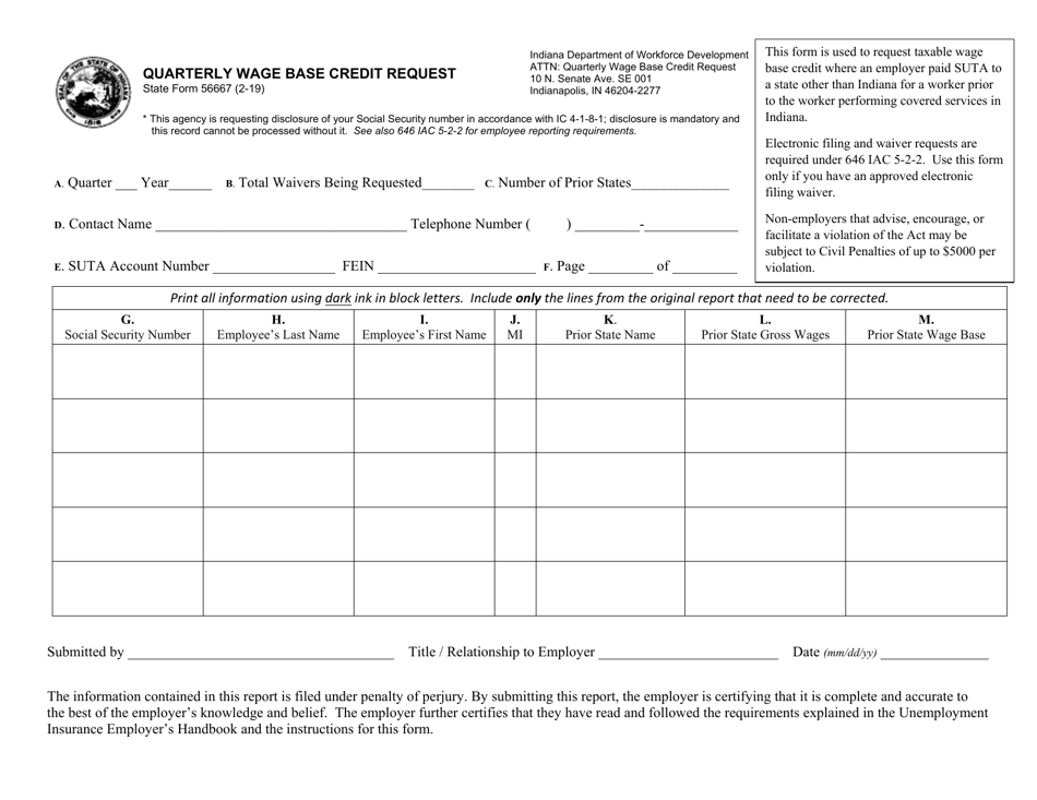 State Form 56667 Quarterly Wage Base Credit Request - Indiana, Page 1